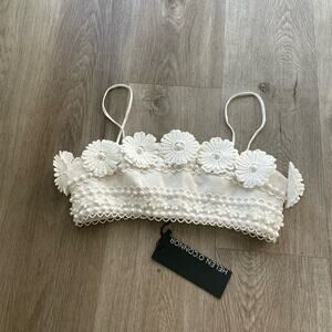 Helen O' Connor Dahlia White Floral Applique 3D flowers beaded lace crop top new